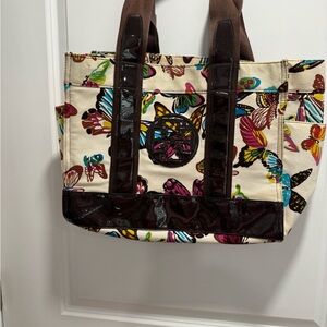 Tory Burch Butterfly Canvas Tote with Brown Patent Trim